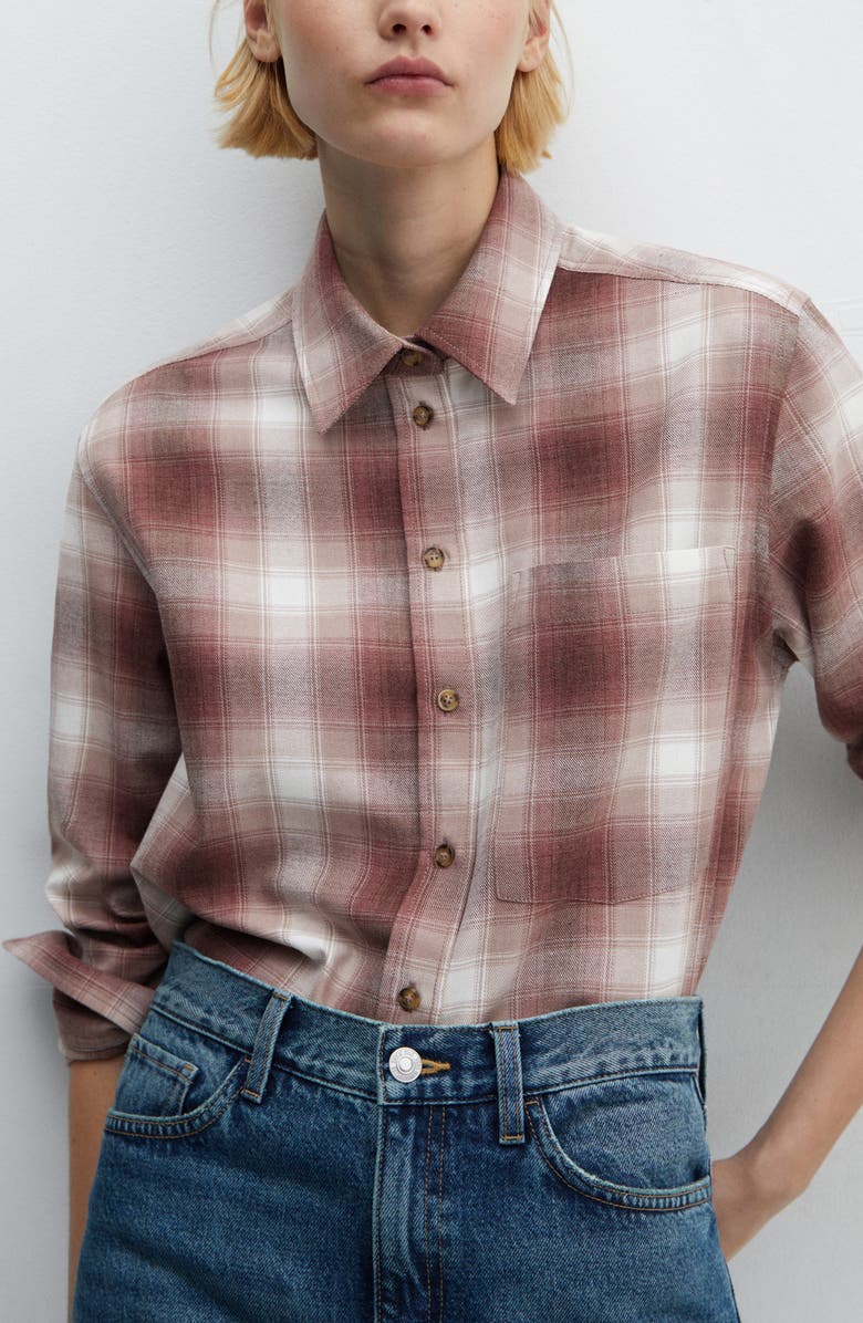 MANGO Plaid Cotton Blend Flannel Button-Up Shirt, Alternate, color,