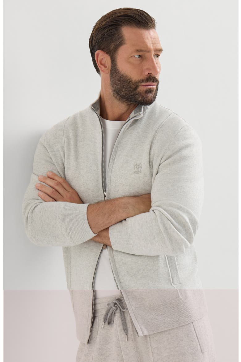 Cashmere double knit cardigan with zipper and logo, Alternate, color, Light Grey