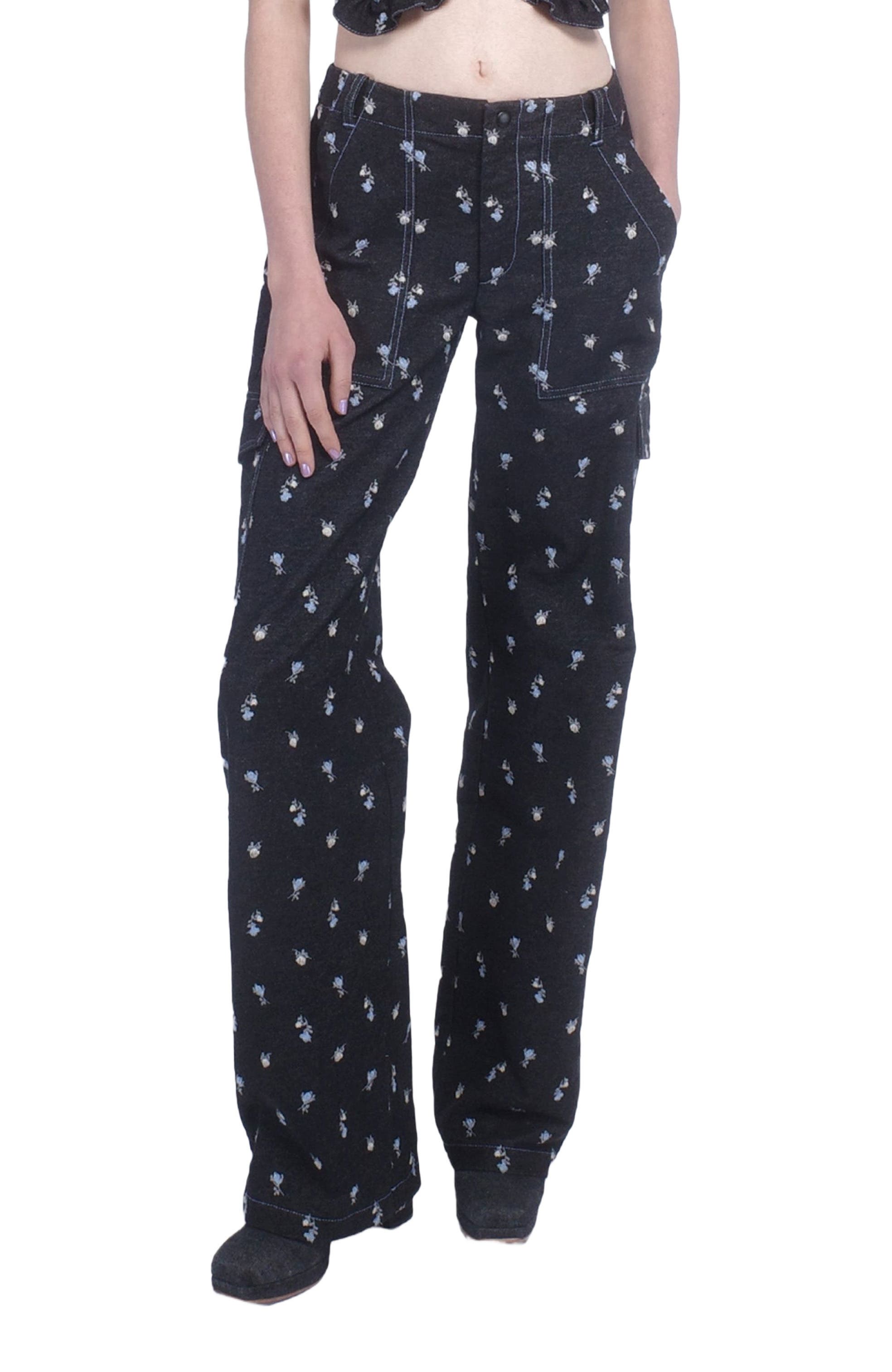Denim Embroidered Roses Cargo Pant - image 2