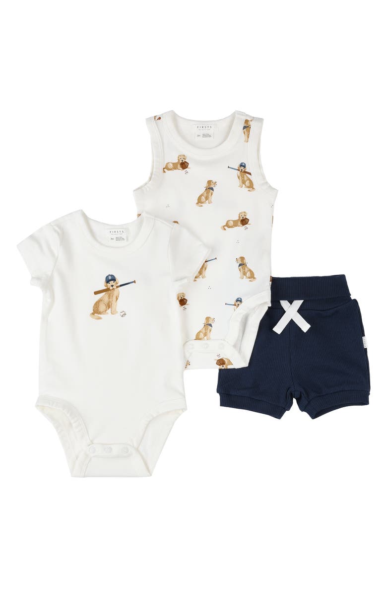 FIRSTS by Petit Lem Baseball Buddy 3-Piece Bodysuits & Rib Shorts Set, Main, color, 