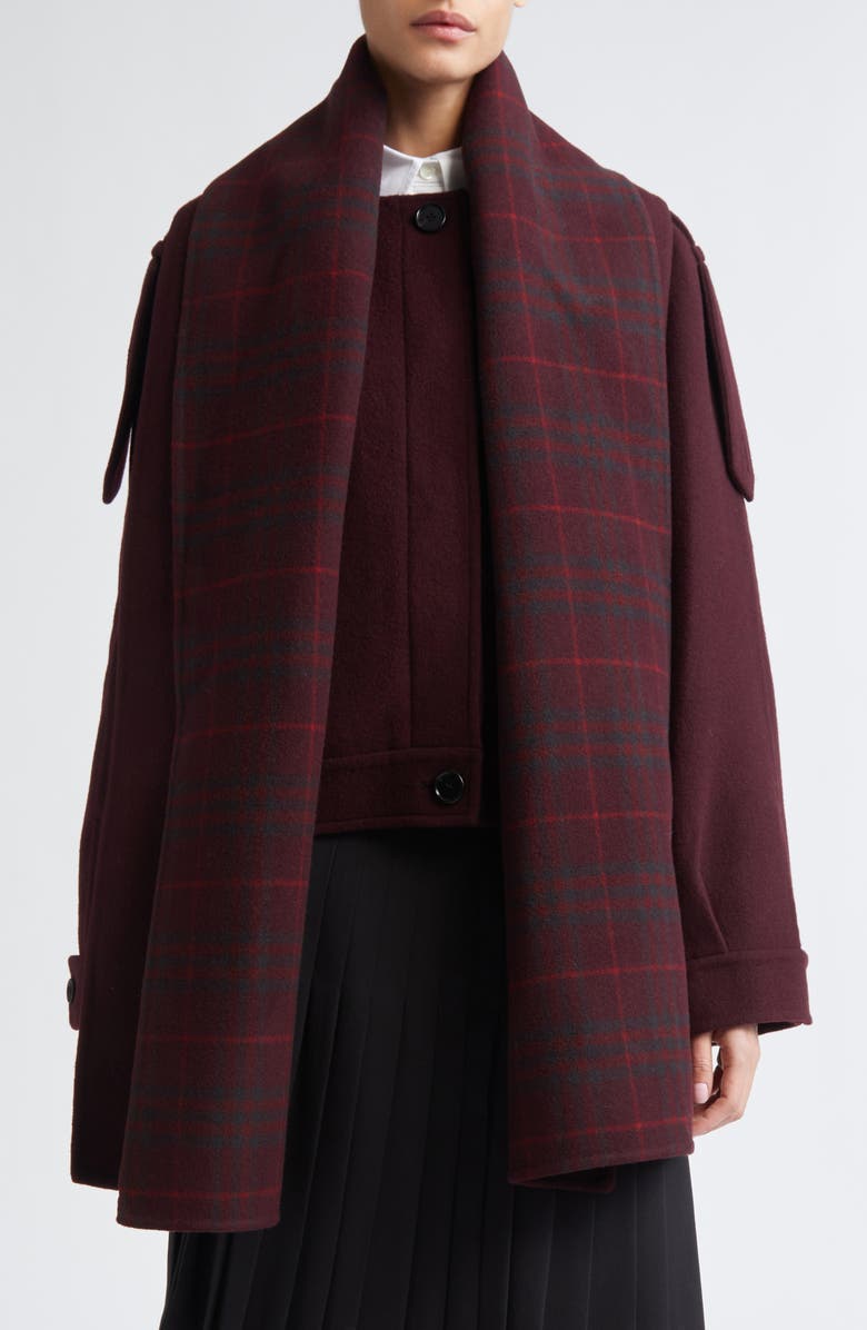 Burberry Oldbrook Detachable Check Scarf Wool Jacket, Main, color, Wine Red