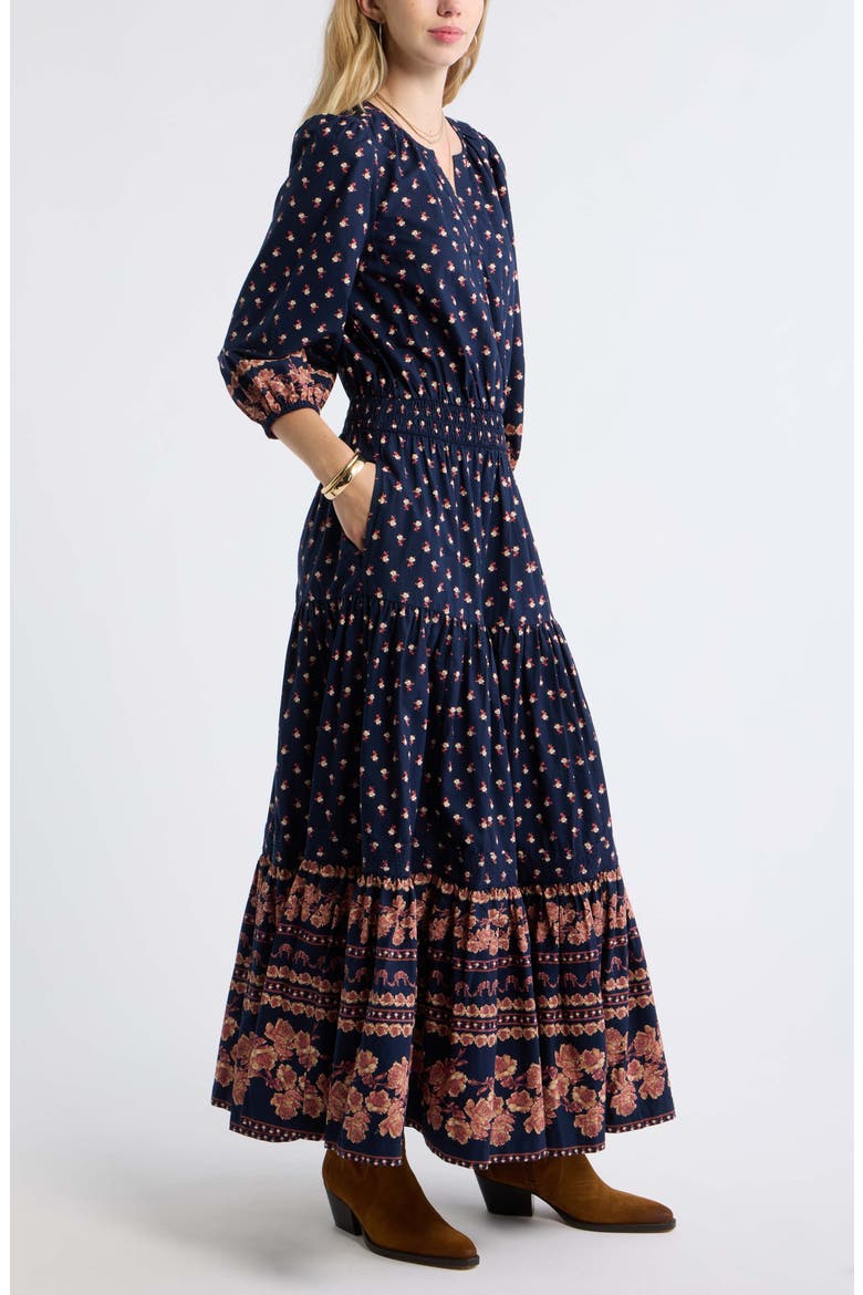 Printed Tiered Cotton Maxi Dress, Alternate, color, NAVY ROSE MIXED