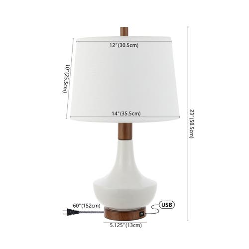Jonathan Y Finn 23" Vintage Minimalist Iron/ceramic Led Mini Table Lamp With Usb Charging Port, Wood In White/brown Wood Finish
