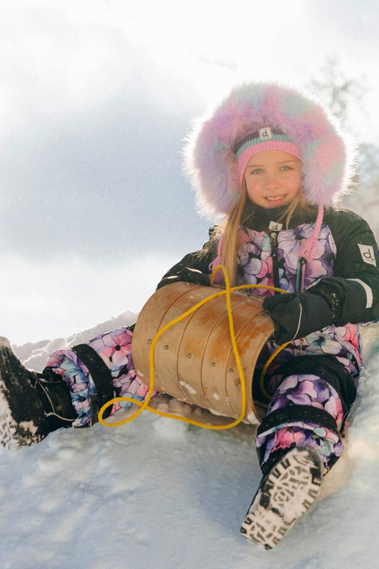 Play Floral Faux Fur Hood & Expandable Sleeve One Piece Snowsuit, Alternate, color, Purple Floral Print