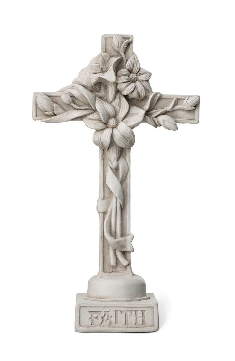 Glitzhome 13.75"H MGO Holy Christian Cross with Lily Garden Statue, Main, color, White
