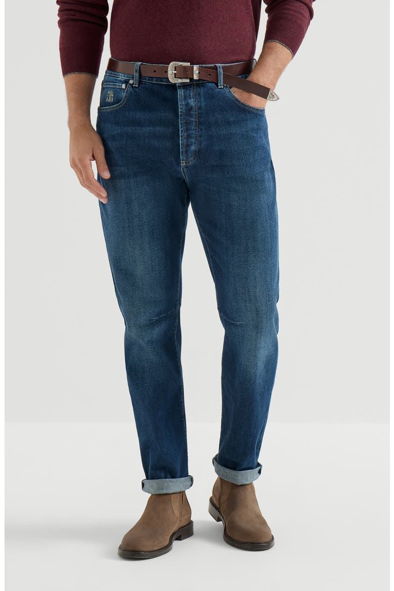 Comfort cotton denim leisure fit five-pocket trousers, Main, color, Dark Denim