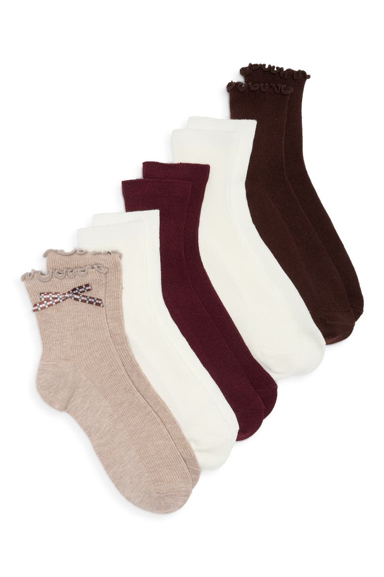 5-Pack Plaid Bow Rib Quarter Socks, Main, color, TAUPE