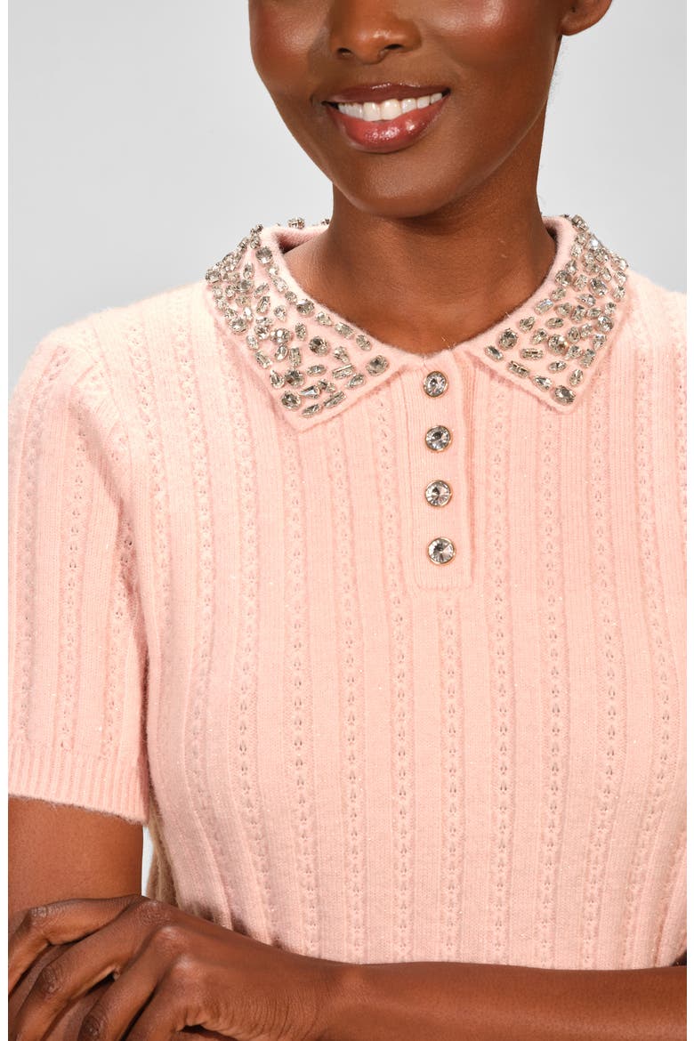 Crystal Accent Polo Sweater, Alternate, color, PALE BLUSH