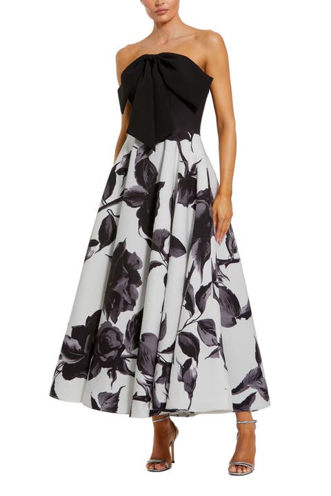 Crepe Printed Strapless Midi Dress With Bow