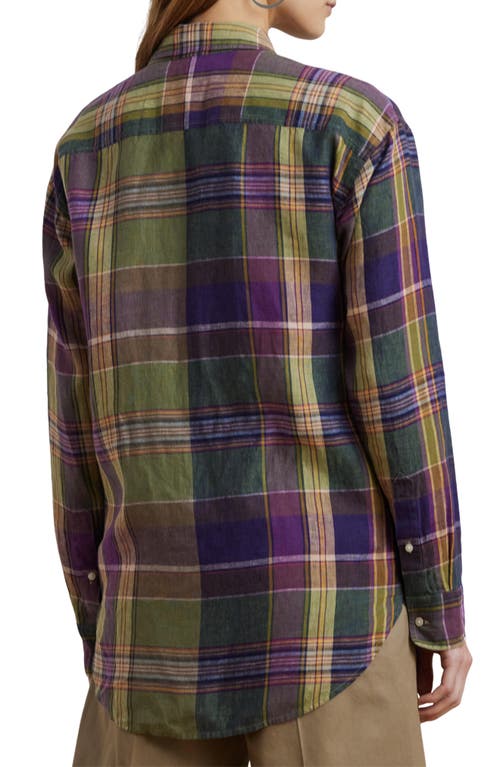 Shop Ralph Lauren Lauren  Plaid Relaxed Fit Linen Button-up Shirt In Purple/green Multi
