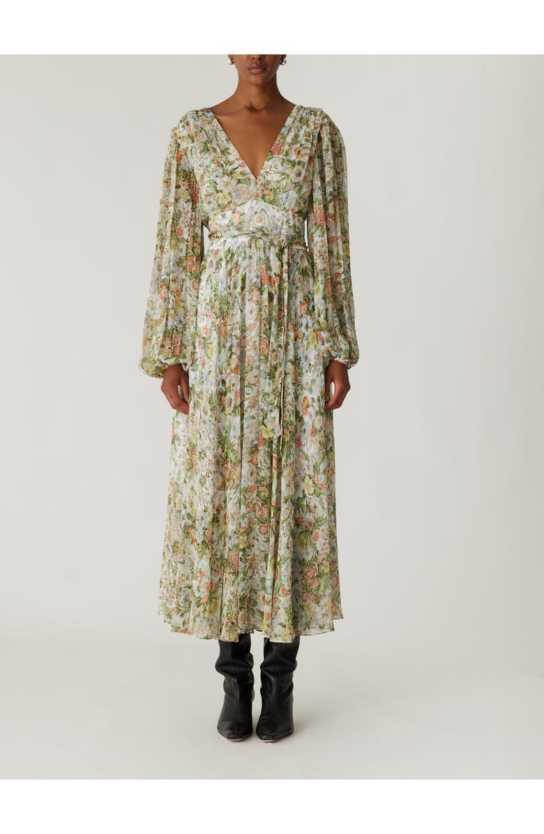 Rebecca Taylor Floral All Over On Viscose Chiffon Blouson Sleeve Midi Dress, Main, color, Floral Multi