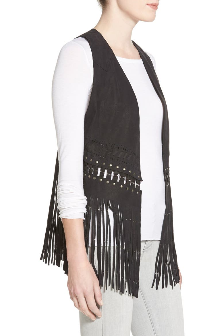'Blondie' Nubuck Leather Fringe Vest, Alternate, color, BLACK