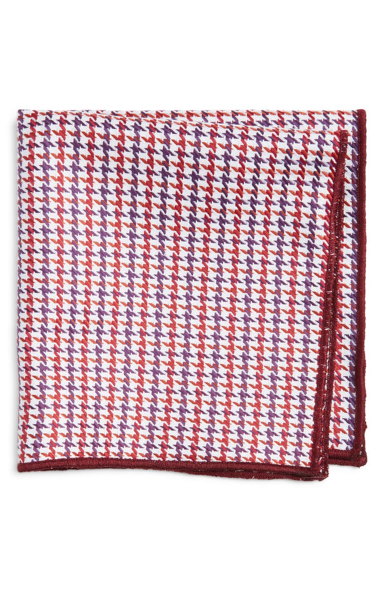 CLIFTON WILSON Burgundy Houndstooth Cotton Pocket Square, Main, color, Burgundy