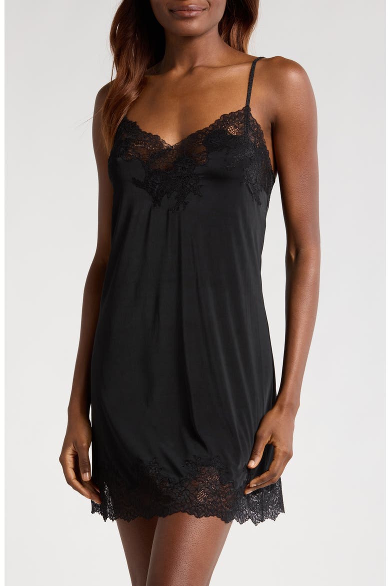 Enchant Lace Trim Satin Chemise, Main, color, BLK