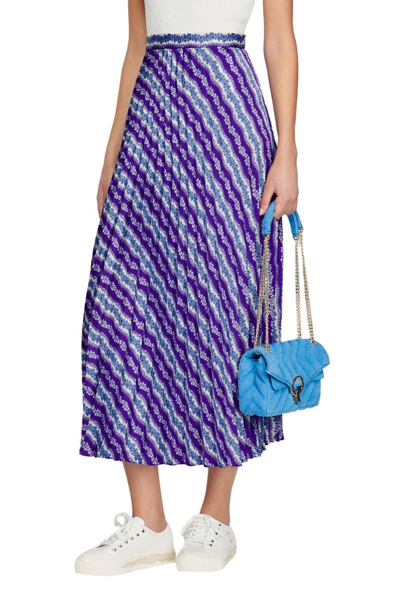 SANDRO Perona Stripe Pleat A-Line Skirt, Alternate, color, Violet / Bleu