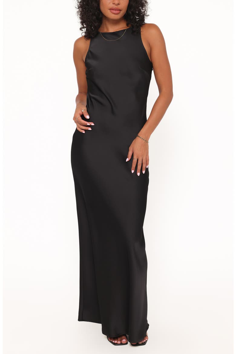 Evelune Sleeveless Satin Maxi Dress, Main, color, BLACK