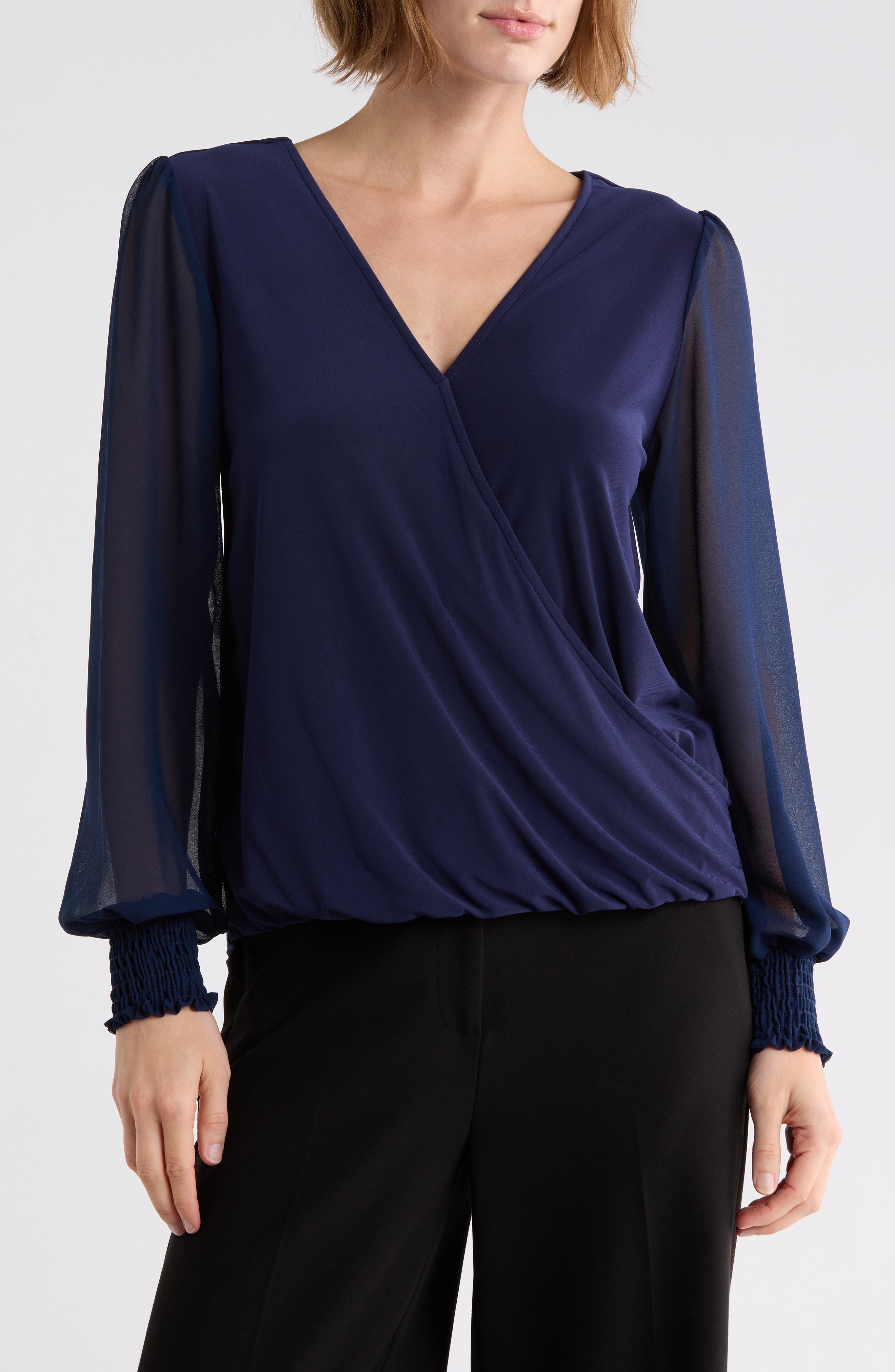 Sheer Sleeve Faux Wrap Top