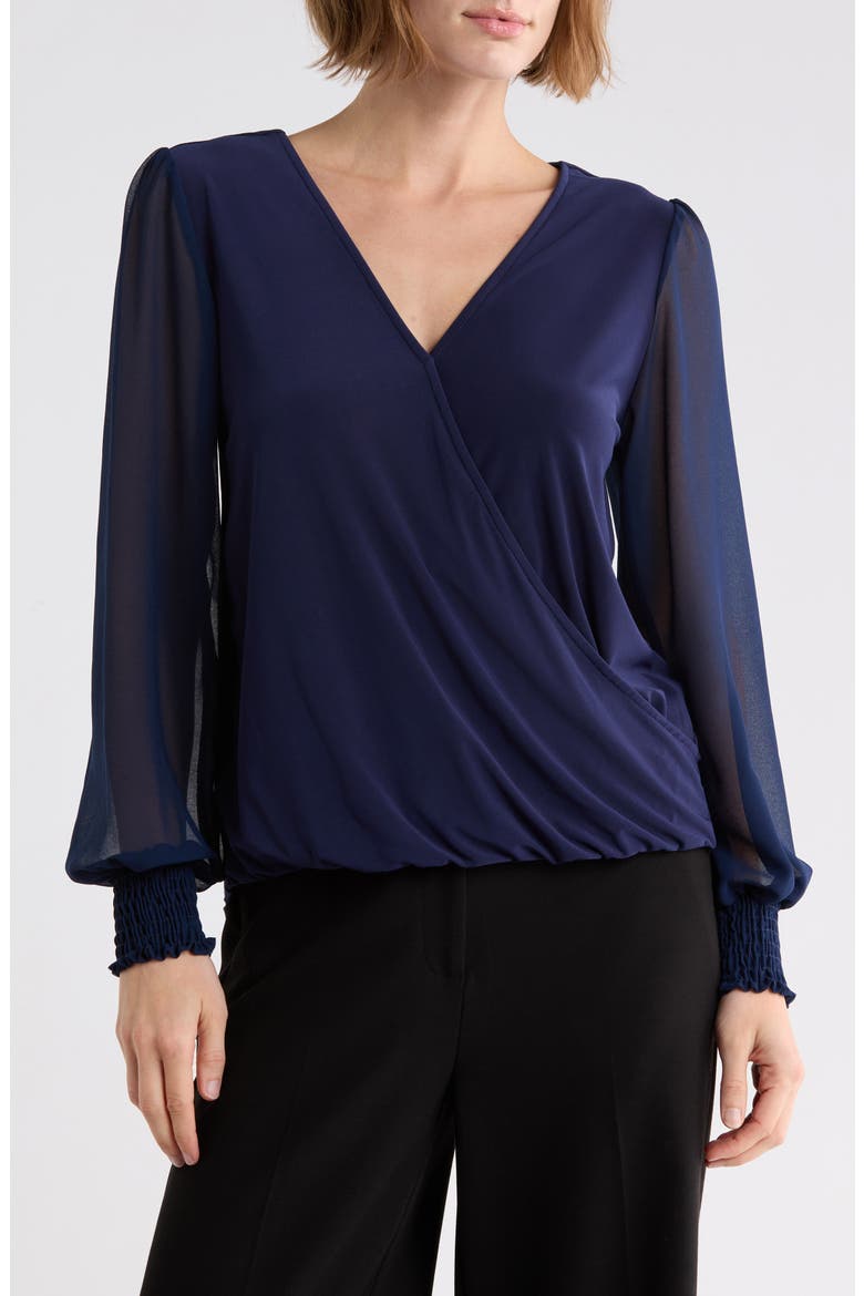 Sheer Sleeve Faux Wrap Top, Main, color, NAVY