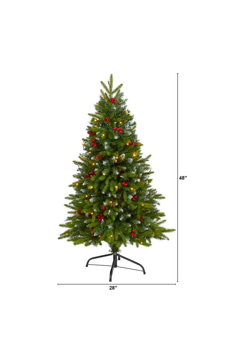 NEARLY NATURAL 4-ft Snow Tipped Portland Spruce Artificial Christmas Tree with Frosted Berries and Pinecones with 100 Clear LED Lights, Alternate, color, Green