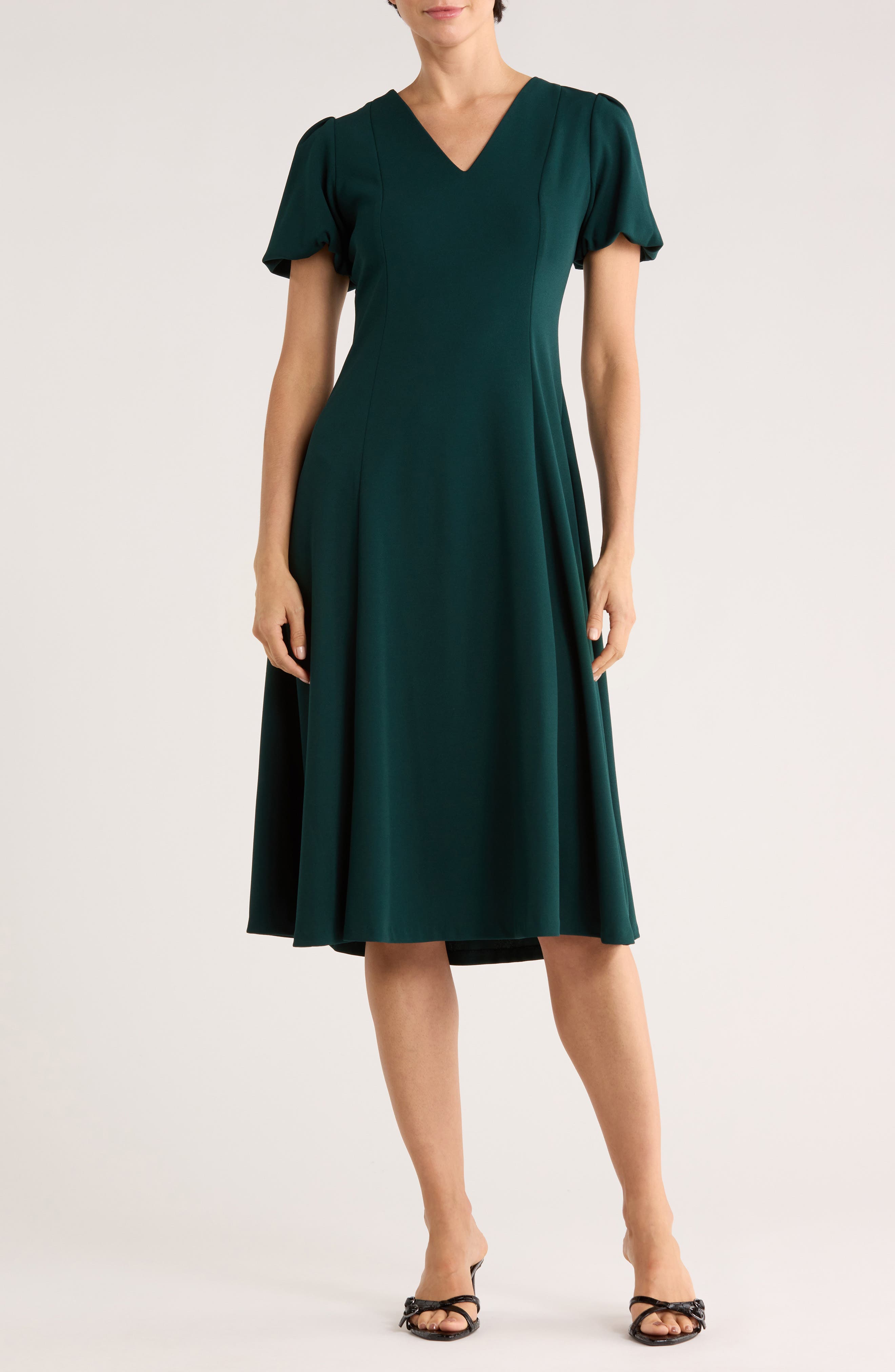 DKNY Puff Sleeve Fit & Flare Midi Dress