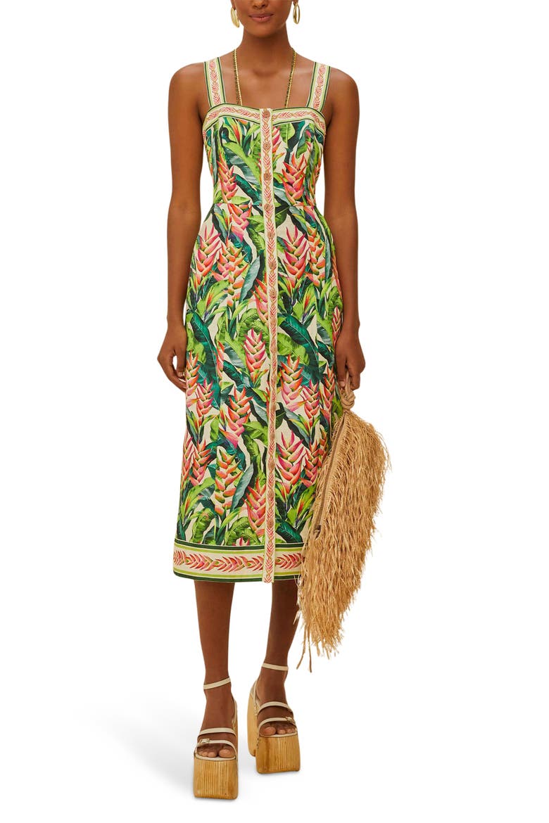heli leaves button front linen midi dress Heli Leaves Button Front Linen Midi Dress (Women)