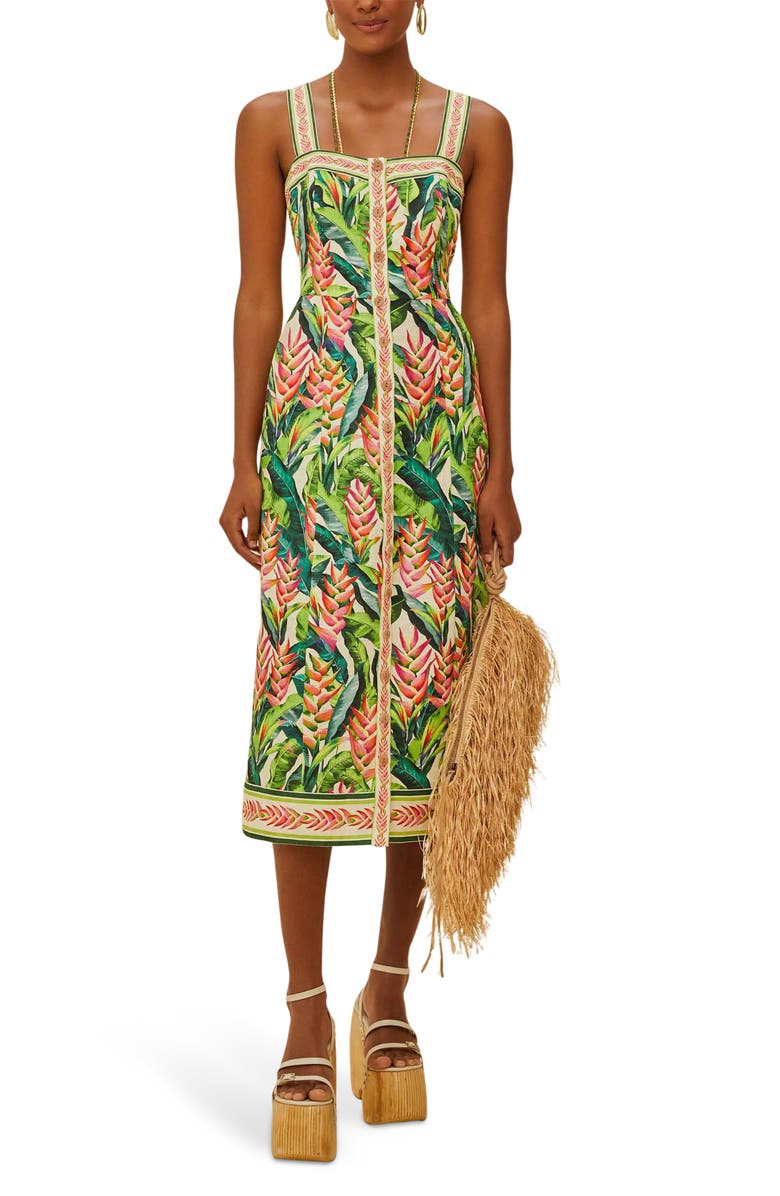 FARM Rio Heli Leaves Button Front Linen Midi Dress, Main, color, Pearl