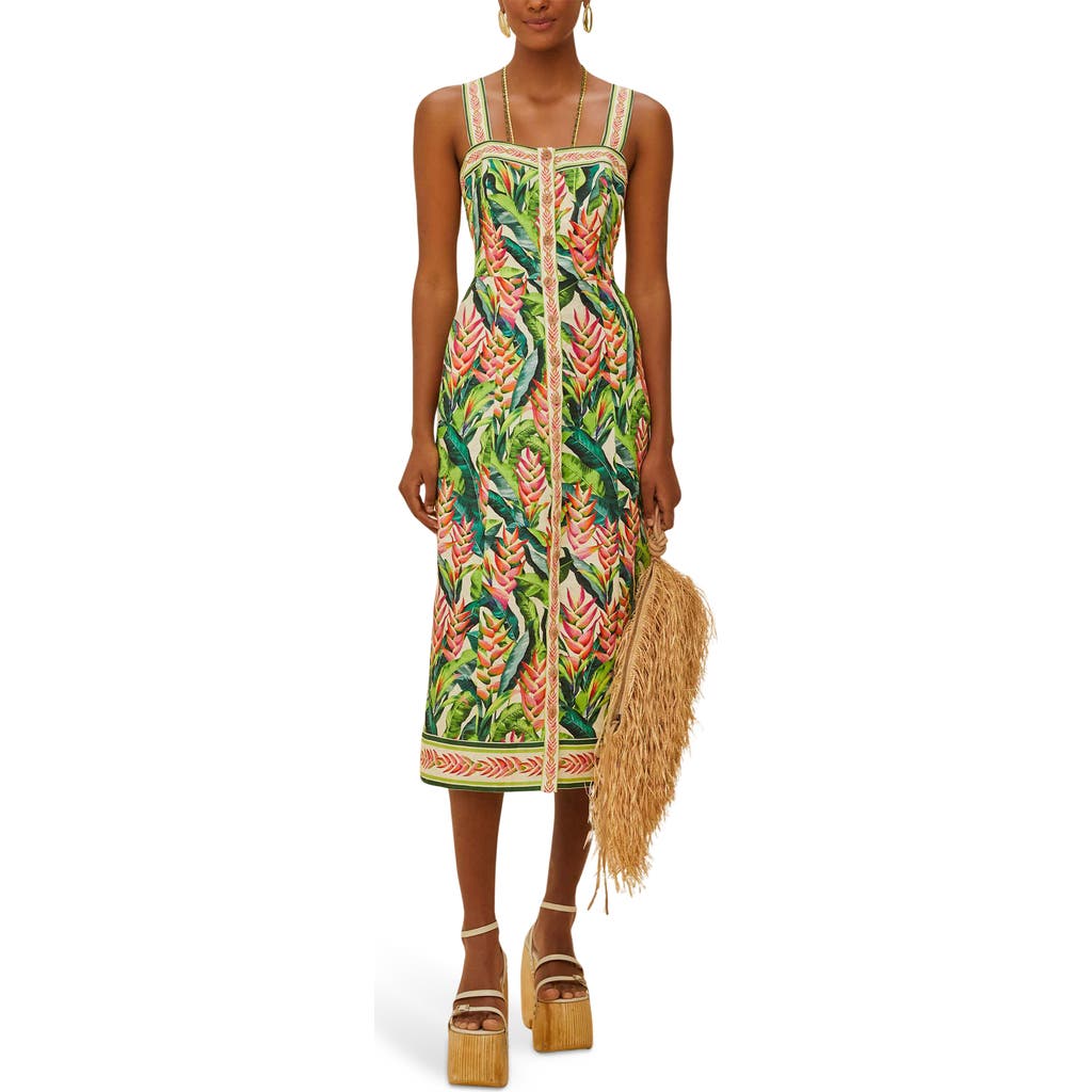 Shop Farm Rio Heli Leaves Button Front Linen Midi Dress