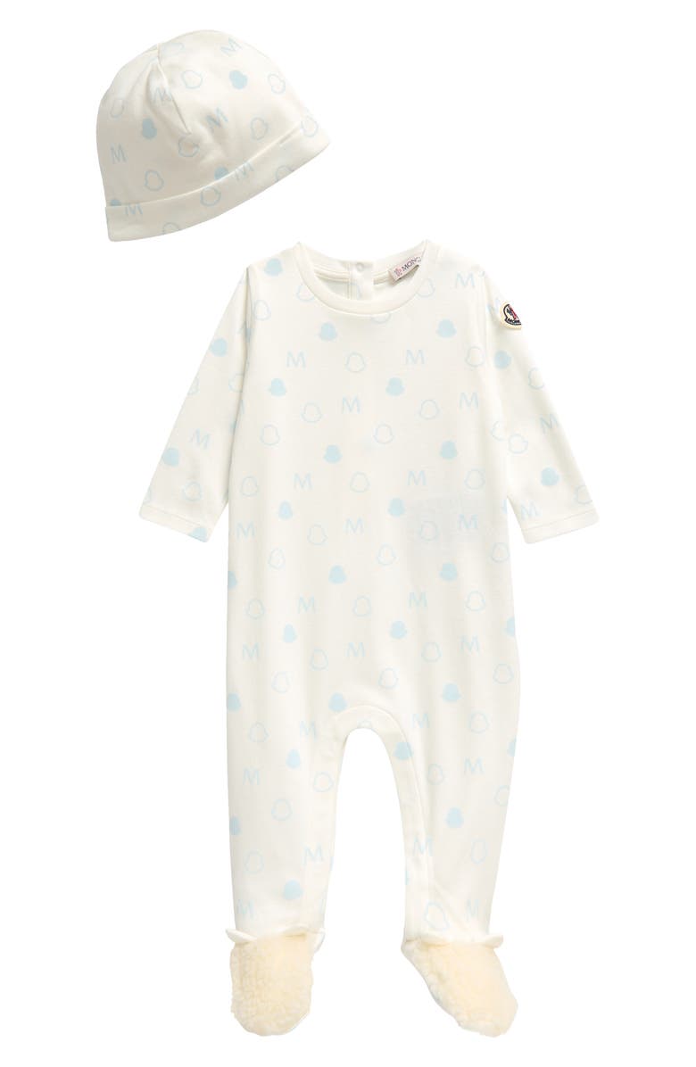 Moncler Logo Footie & Hat Set, Main, color, 
