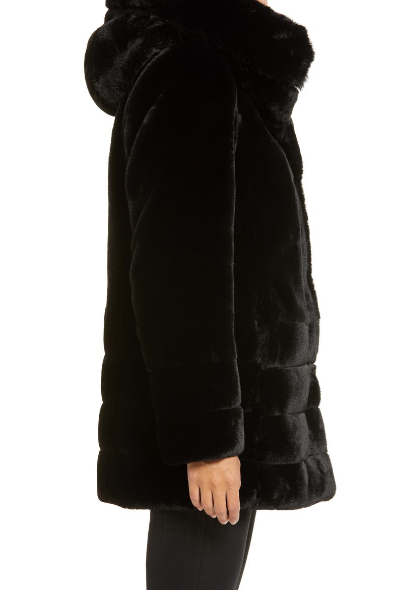 Hooded Faux Fur Coat, Alternate, color, BLACK