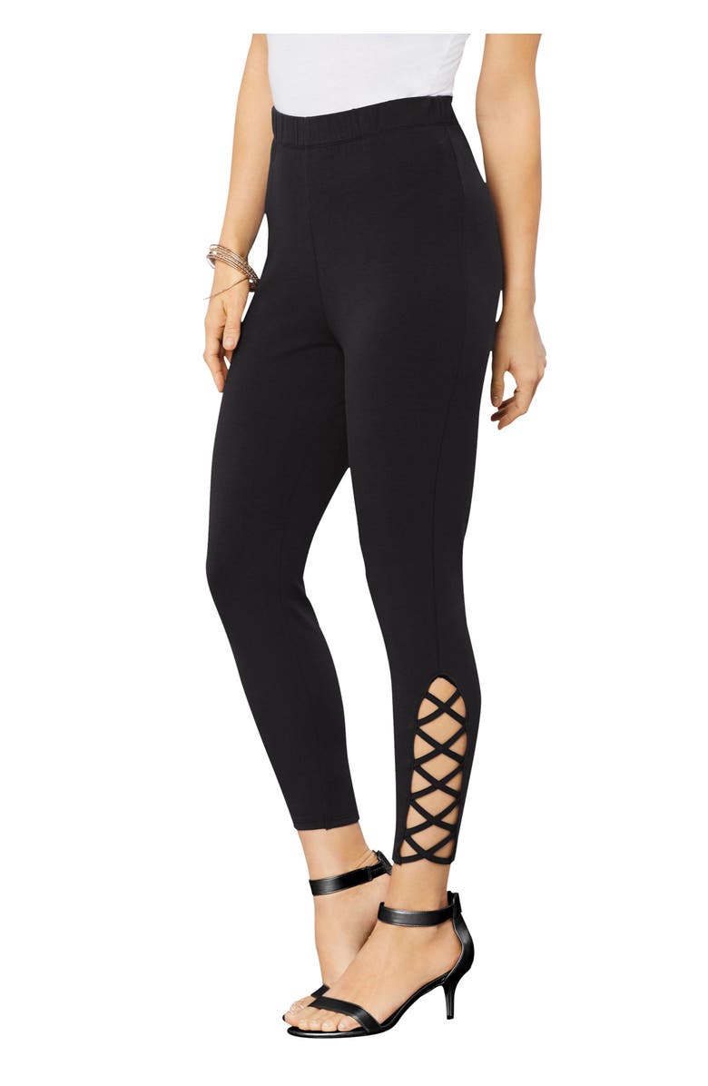 Roaman's Lattice Essential Stretch Capri Legging, Main, color, Black