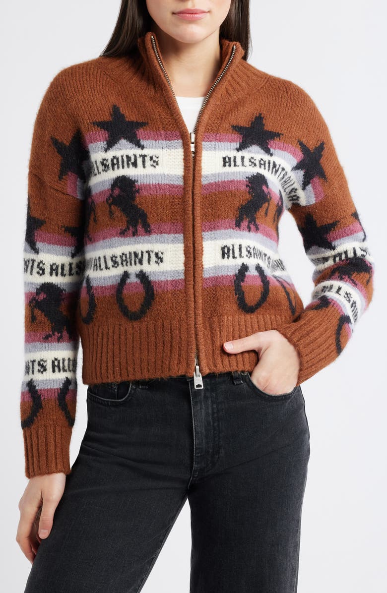 AllSaints Epona Stripe Crop Jacquard Sweater, Alternate, color, Cognac Brown
