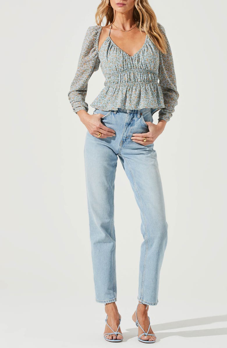 ASTR the Label Floral Shoulder Cutout Tie Neck Long Sleeve Top, Alternate, color,