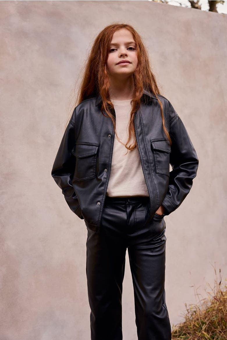 Kids Faux Leather Cropped Shirt, Alternate, color, Black
