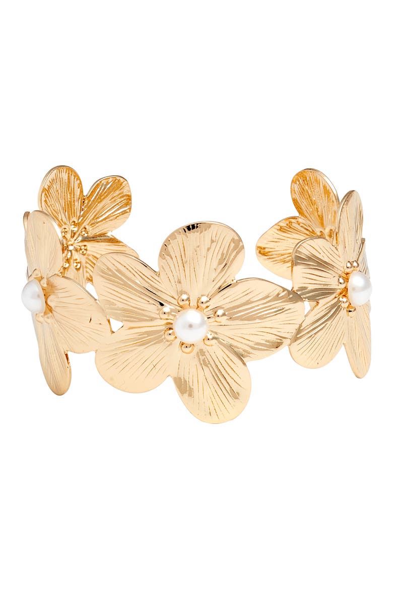 Faux Pearl Floral Cuff Bracelet, Main, color, WHITE- GOLD