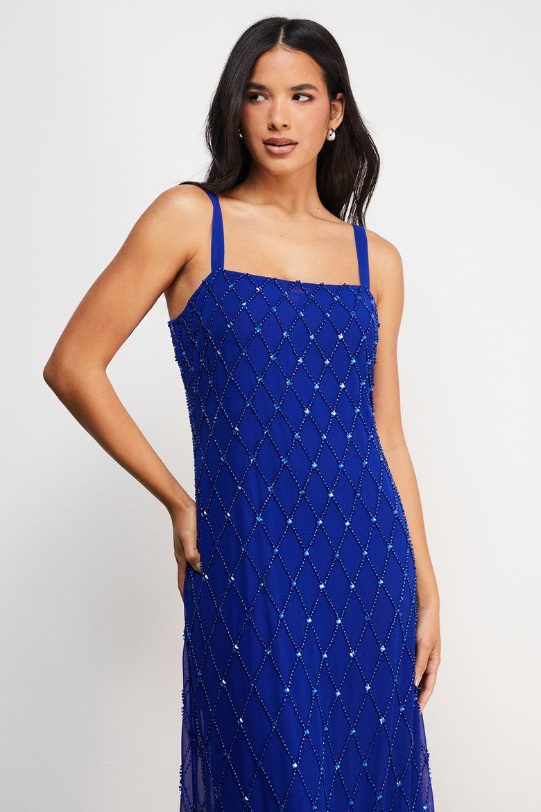 Hand Embellished Fringe Hem Midi Dress, Alternate, color, Cobalt
