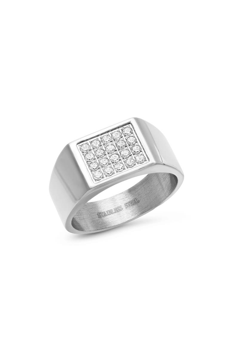 Men's 18k Gold Plated Simulated Diamond Signet Ring, Main, color, SILVER