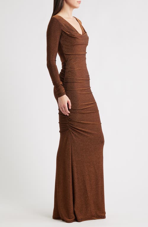 Black Halo Rafaela Long Sleeve Glitter Knit Gown In Brown
