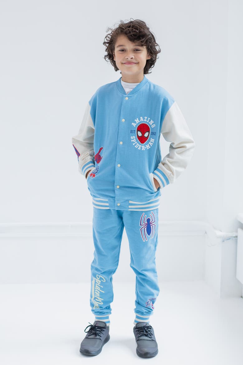 Spider-Man Fleece Varsity Jacket and Pants Set, Alternate, color, Spider Man Blue Cream