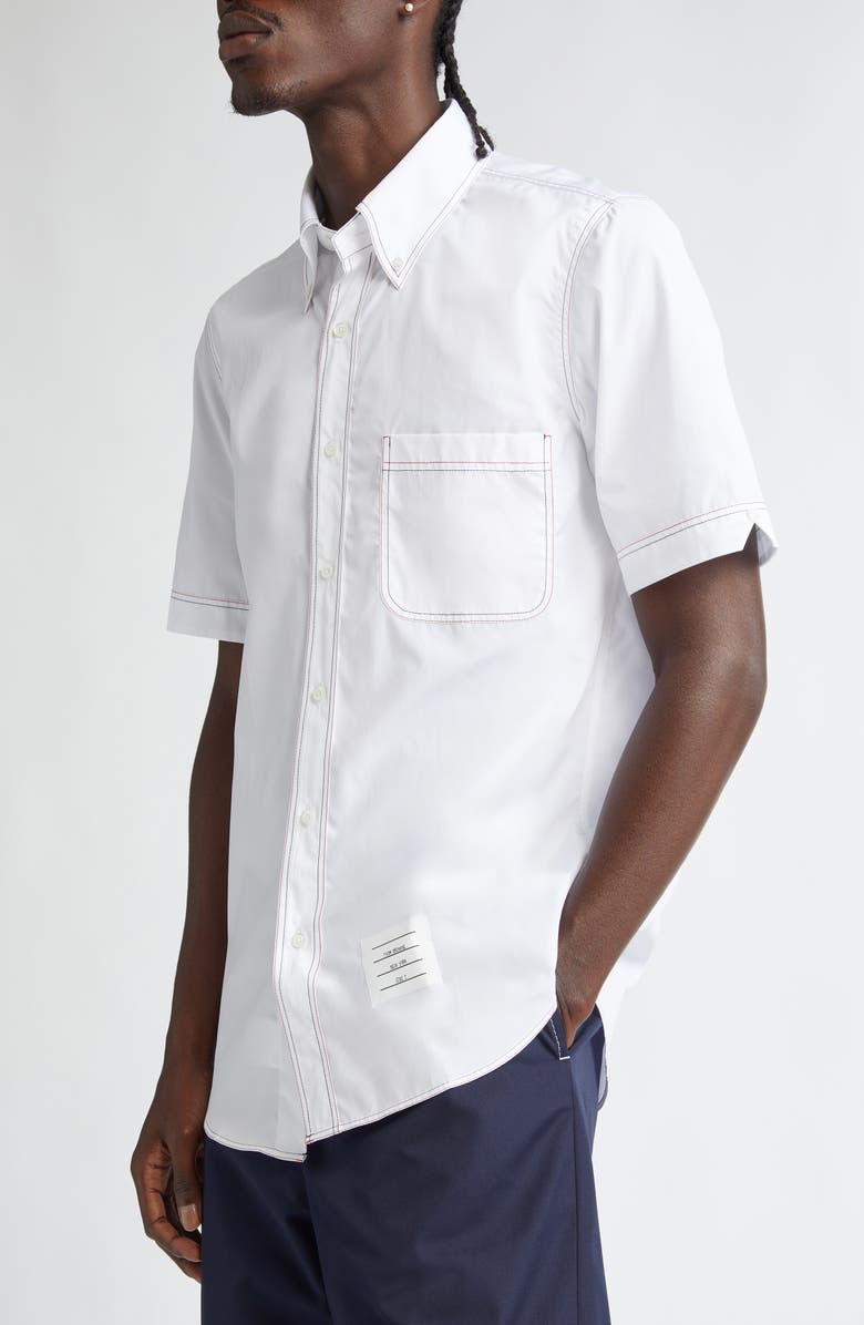 Thom Browne Straight Fit Short Sleeve Cotton Poplin Button-Down Shirt, Alternate, color, White
