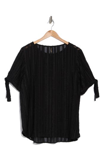 Renee C Stripe Short Sleeve Semisheer Top In Black