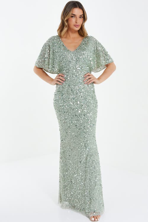 Quiz Sequin Batwing Maxi Dress In Sage