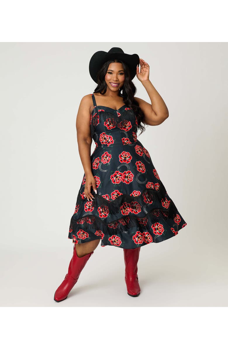 Unique Vintage Plus Size Fringe Swing Dress, Alternate, color, Black W/ Floral Print