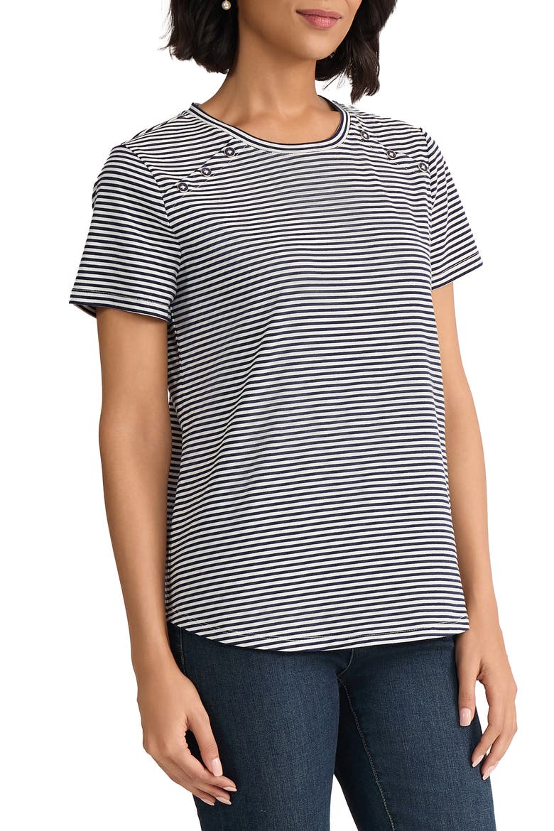 Button Shoulder Stripe Stretch Cotton T-Shirt, Alternate, color, PACIFIC NAVY/NATURAL WHITE