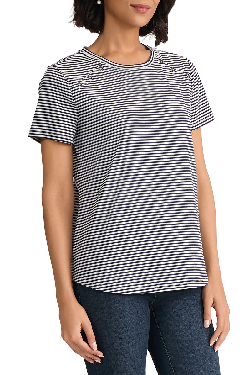 Jones New York Button Shoulder Stripe Stretch Cotton T-Shirt, Alternate, color, Pacific Navy/Natural White