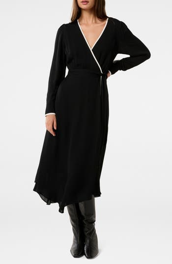 Ever New Amelie Contrast Trim Long Sleeve Wrap Midi Dress In Black And White