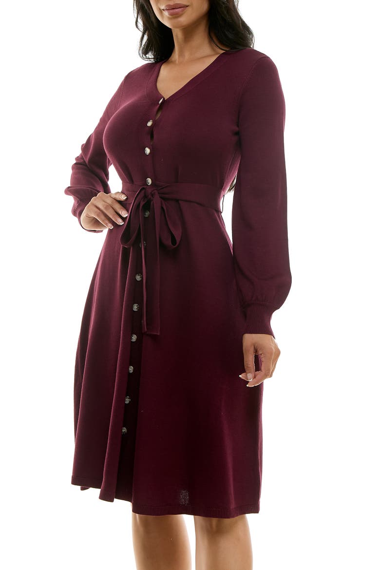 Waist Tie Ribbed Long Sleeve Sweater Dress, Alternate, color, DEEP WINE