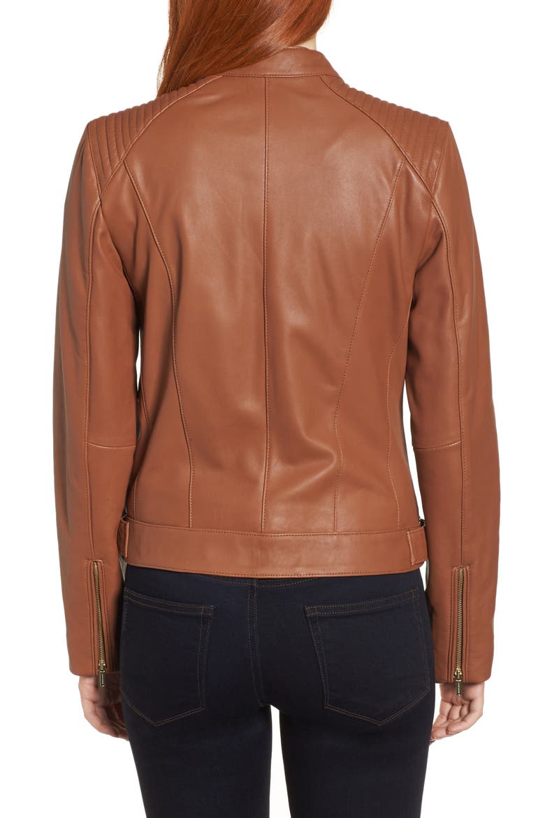 Cole Haan Leather Moto Jacket, Alternate, color, COGNAC