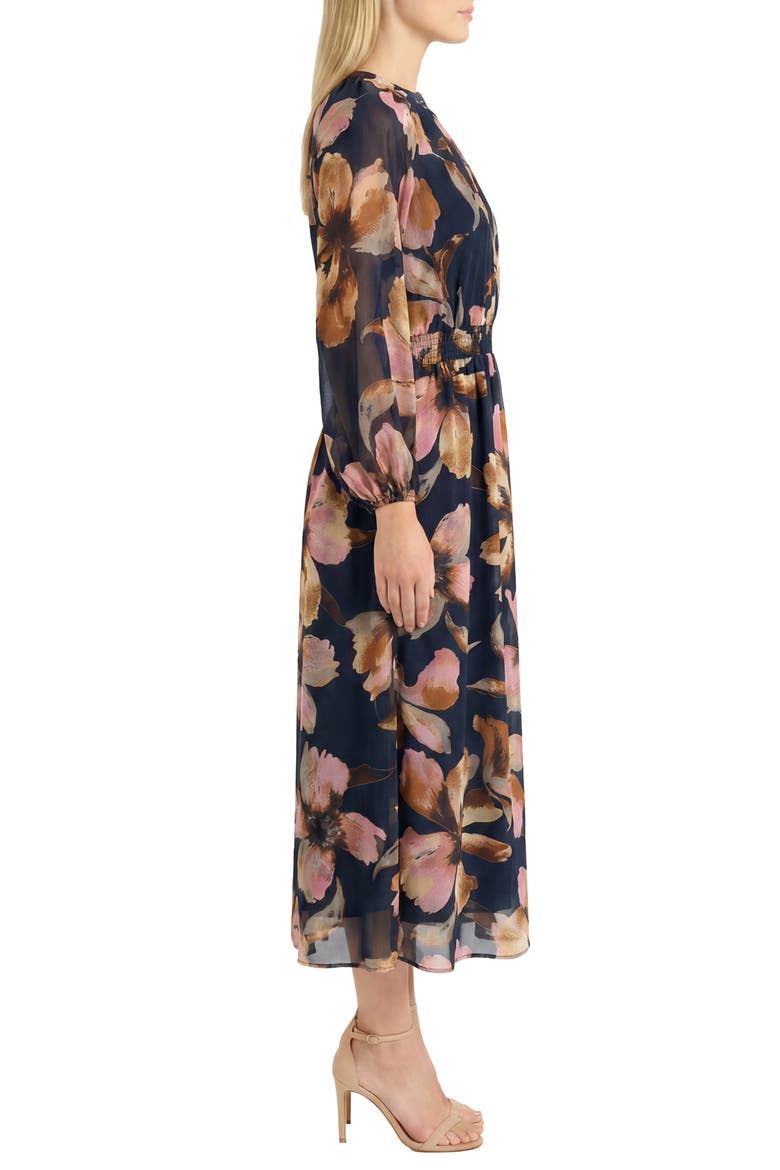 Floral Long Sleeve Chiffon Midi Dress, Alternate, color, NAVY/ ORANGE