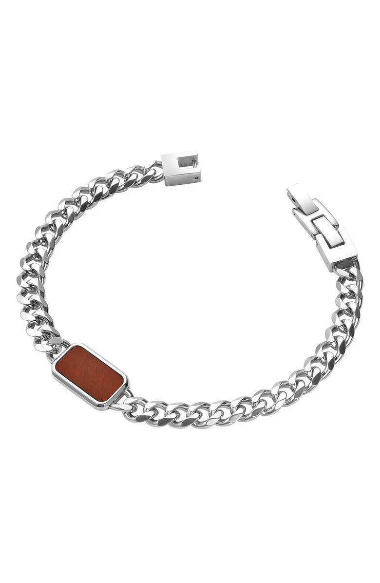 GEOFFREY BEENE Men's Stainless Steel Semiprecious Stone Curb Chain Bracelet, Alternate, color, Brown