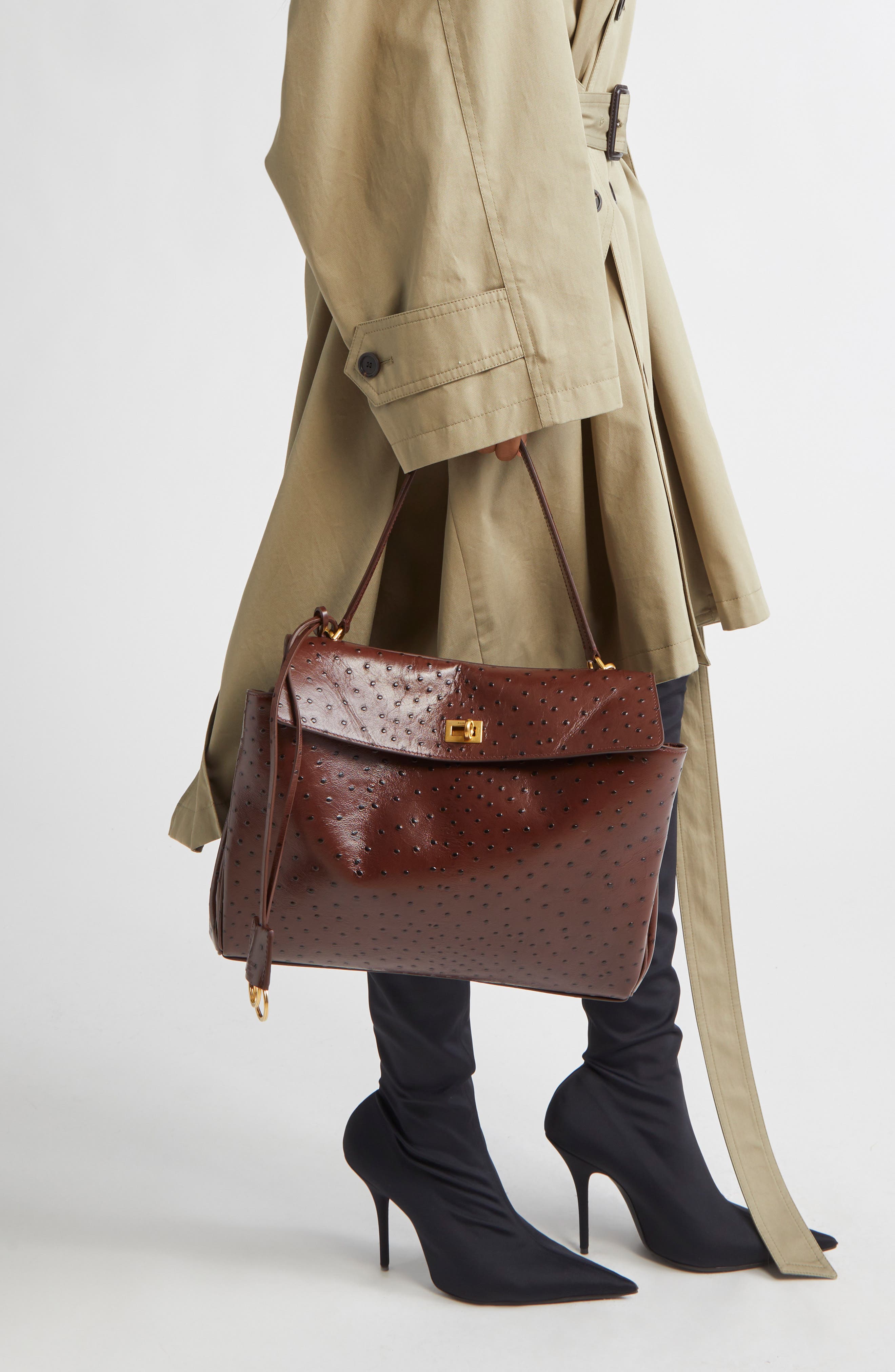 Balenciaga Rodeo Ostrich Embossed Leather Top Handle Bag, Alternate, color, 2053 Chocolate